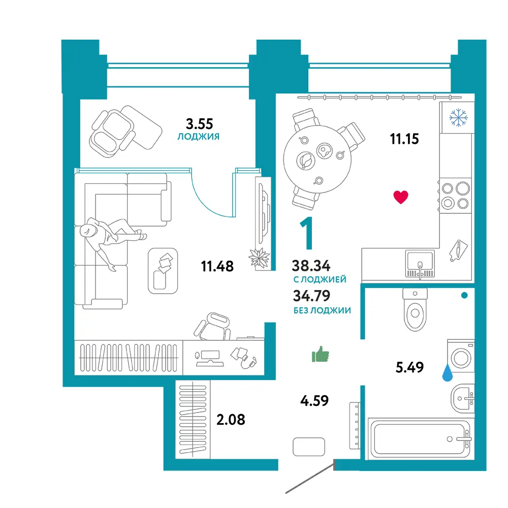 Планировка: Звездный 1-комнатная 38,34м²