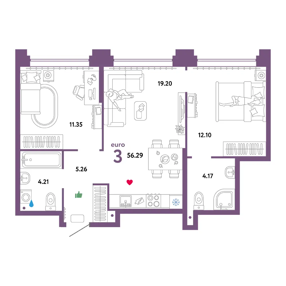 Планировка: Звездный 3-комнатная 56,34м²