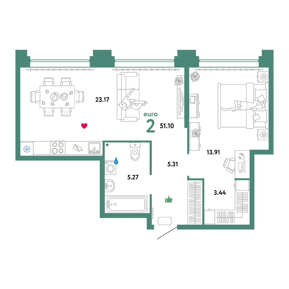 Планировка: Звездный 2-комнатная 51,27м²