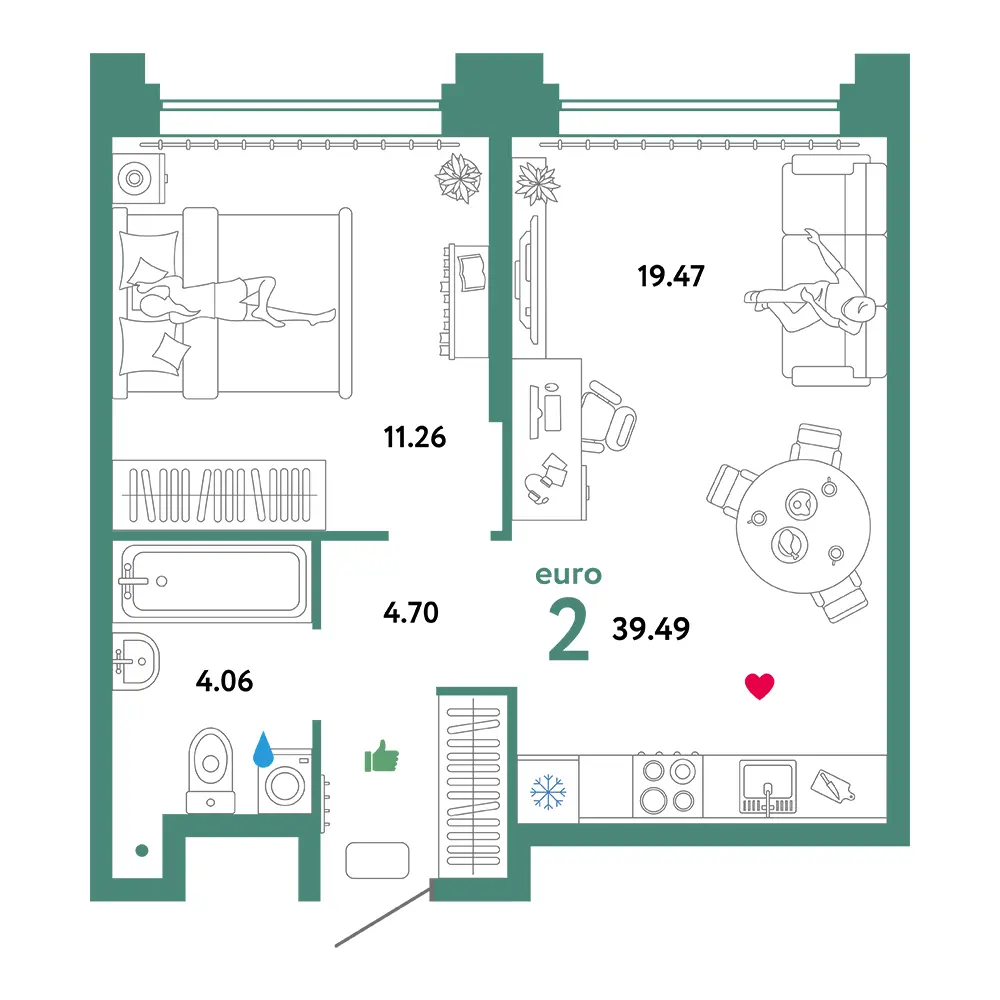 Планировка: Звездный 2-комнатная 39,52м²