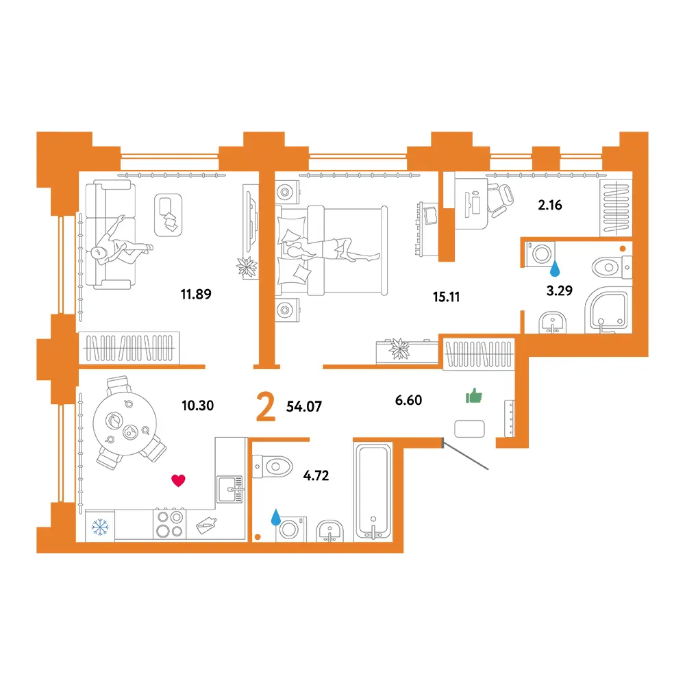 Планировка: Звездный 2-комнатная 54,07м²