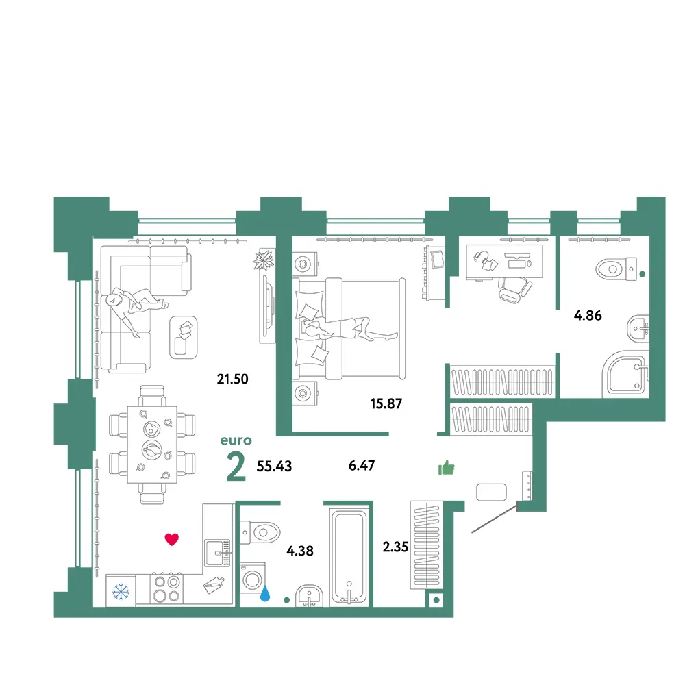 Планировка: Звездный 2-комнатная 55,39м²