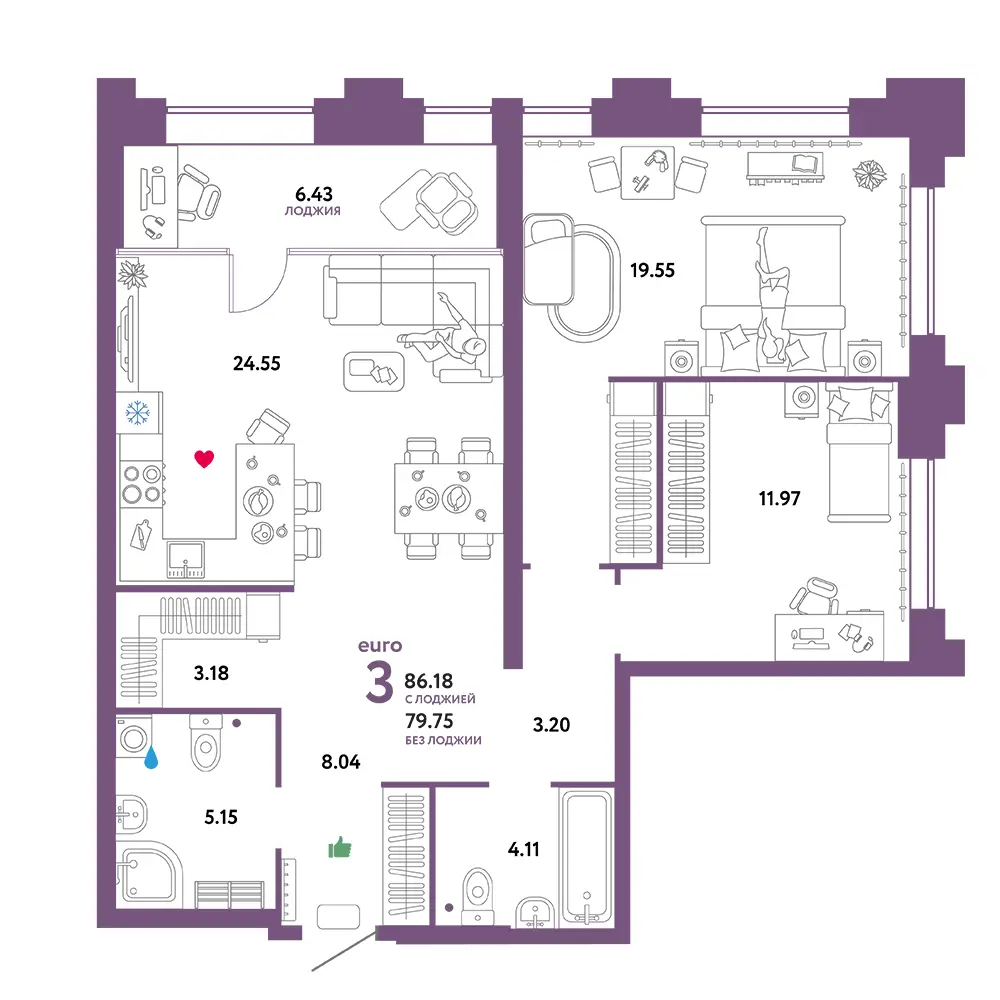 Планировка: Звездный 3-комнатная 86,18м²