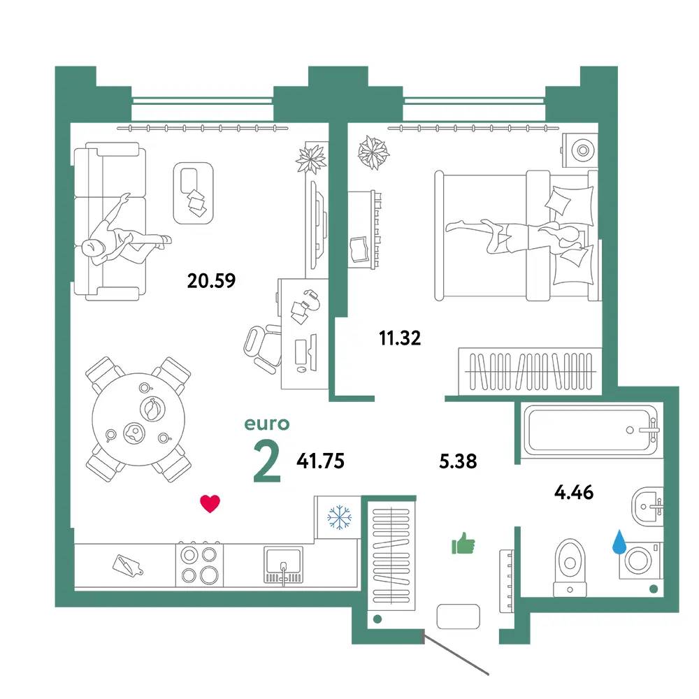 Планировка: Звездный 2-комнатная 41,75м²