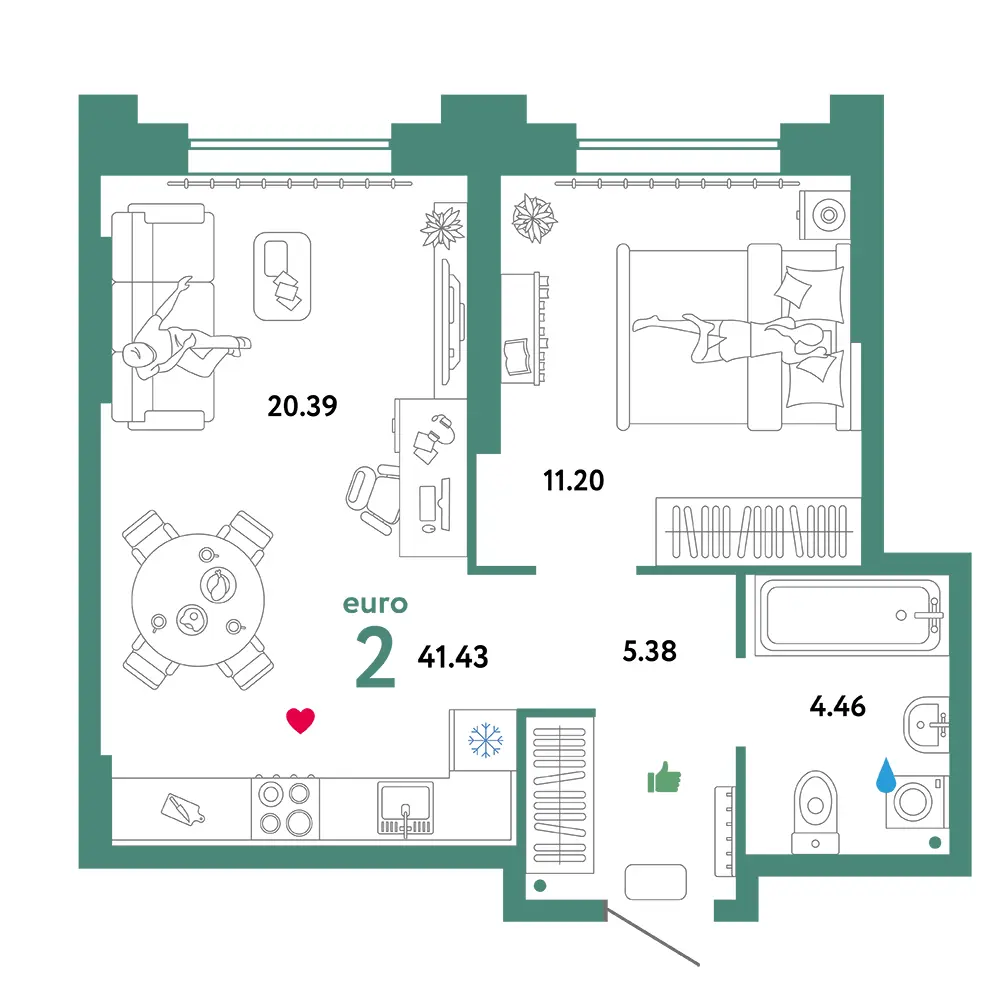 Планировка: Звездный 2-комнатная 41,75м²