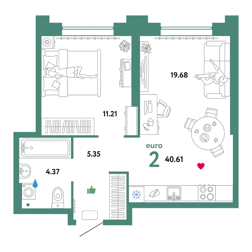 Планировка: Звездный 2-комнатная 40,95м²