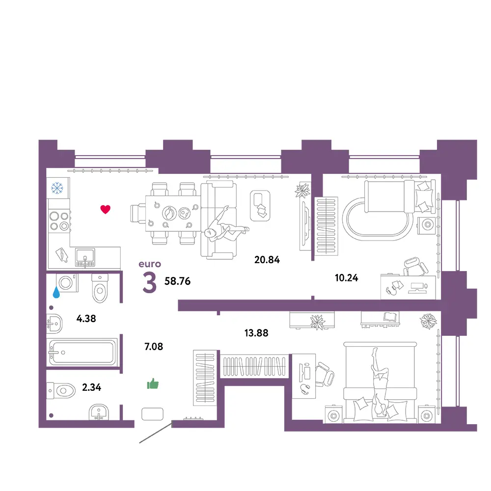 Планировка: Звездный 3-комнатная 59,57м²
