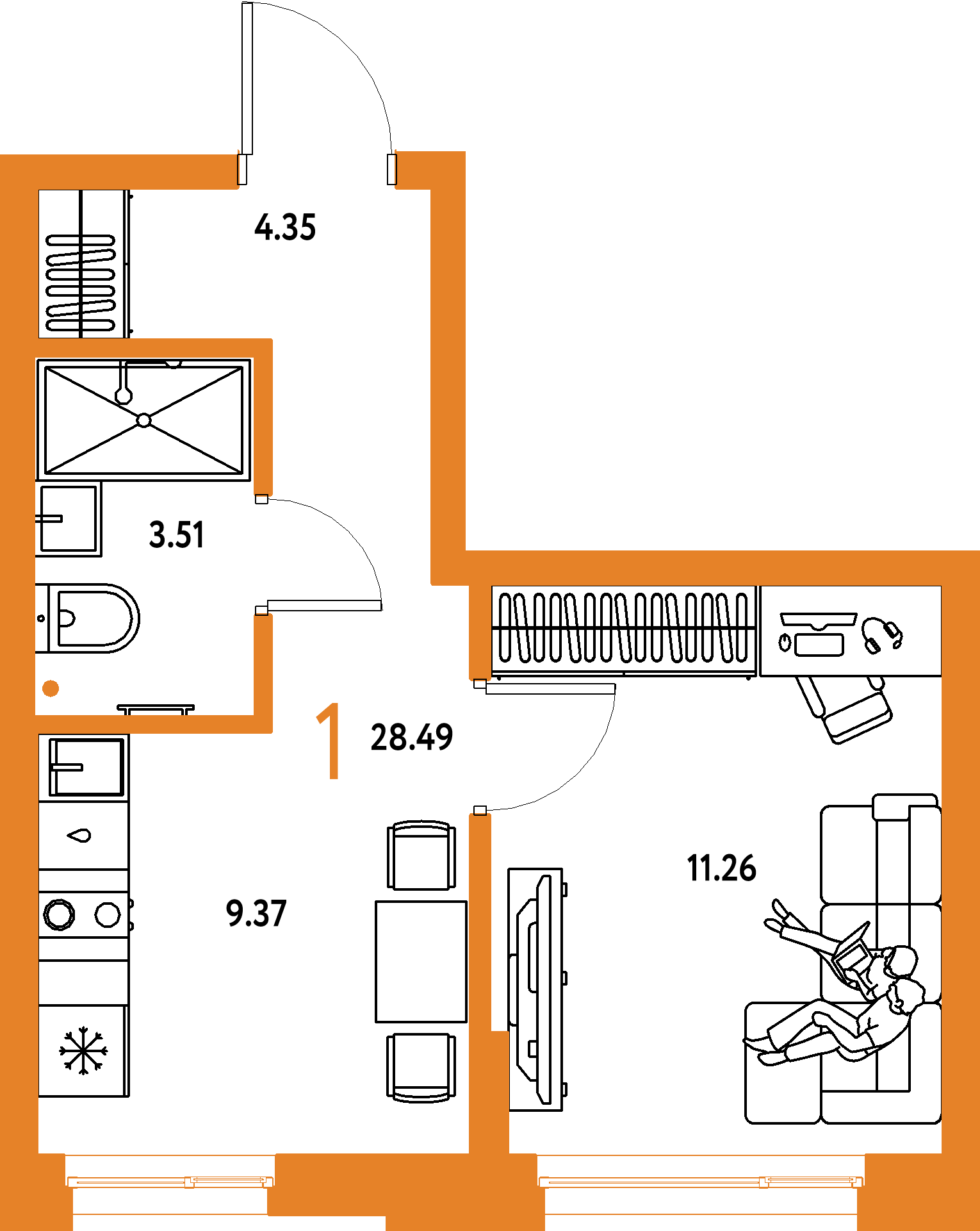 Планировка: 1-комнатная 28,49 м² в ЖК «Домашний»