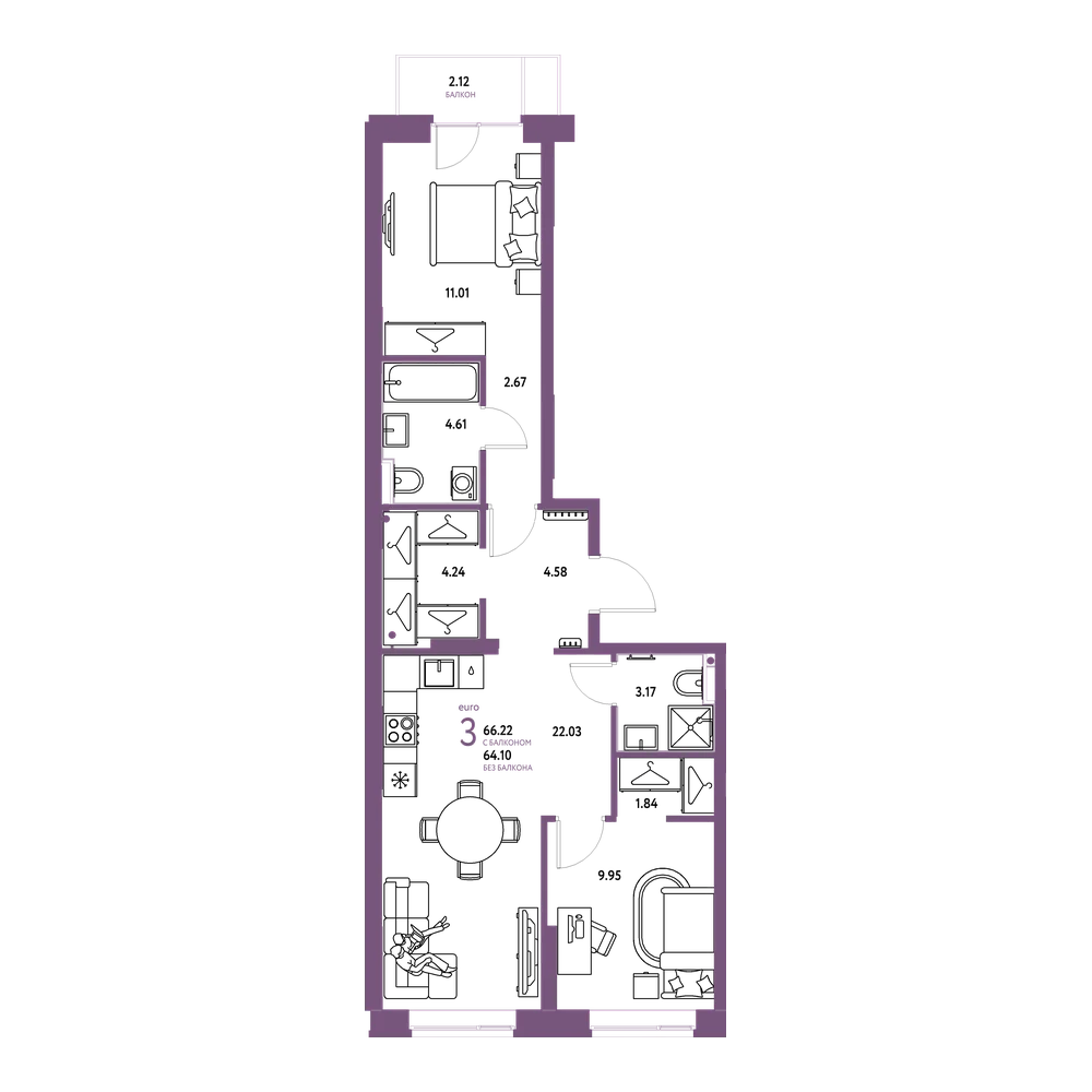 Планировка: Евротрёшка 66,22 м²