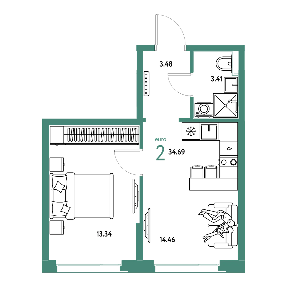 Планировка: Евродвушка 34,69 м²