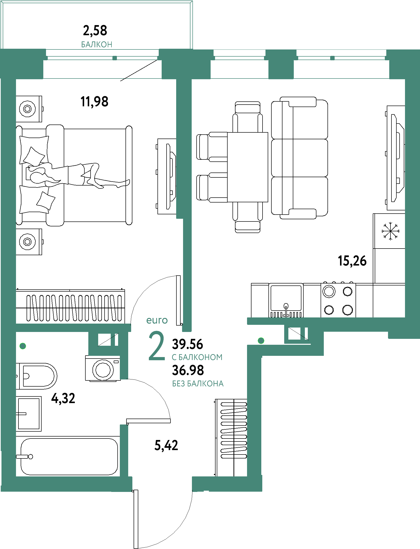 Планировка: Евродвушка 39,56 м² в ЖК «Авторский»