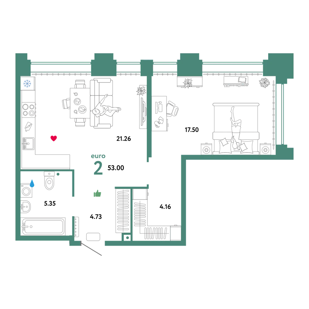 Планировка: Евродвушка 53 м²