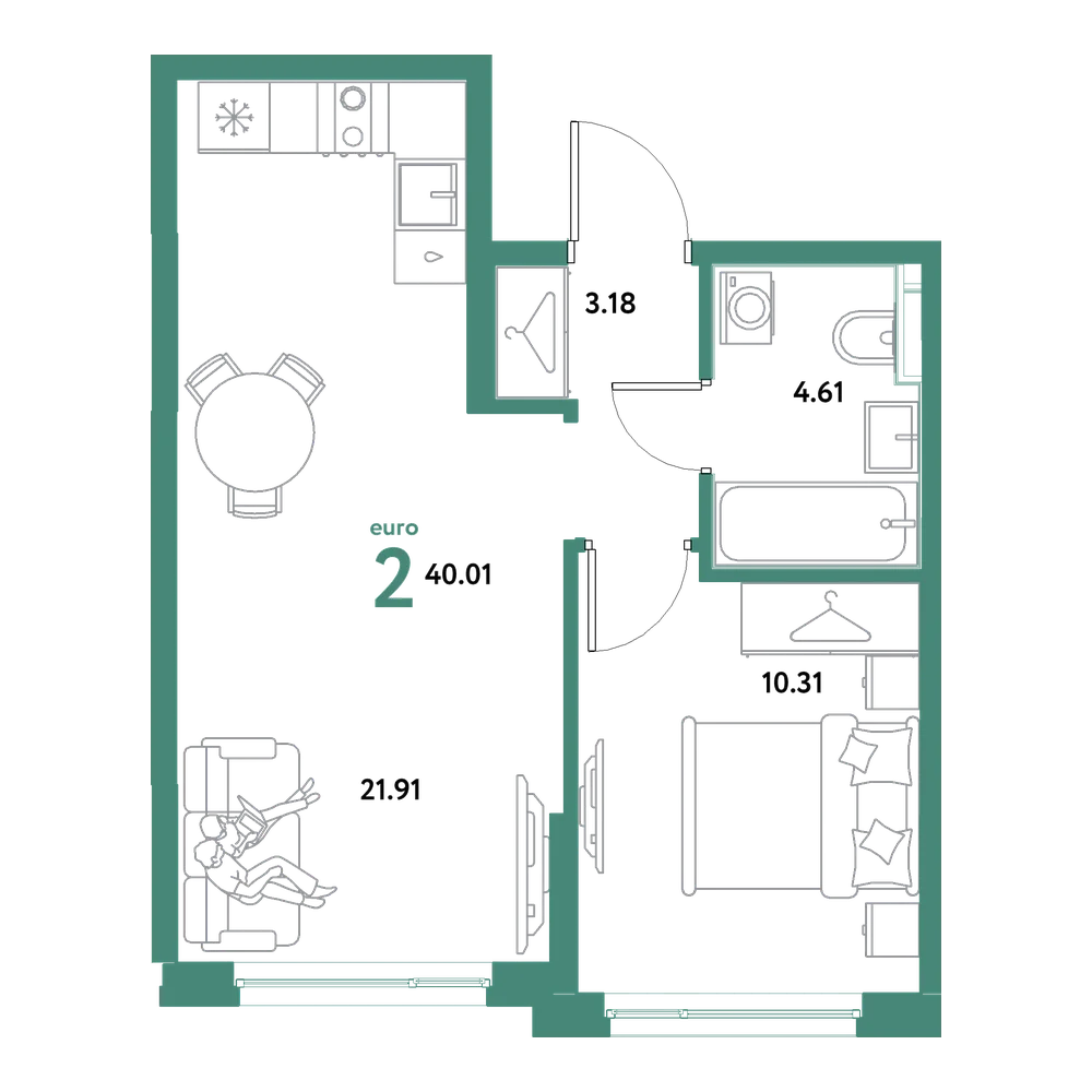 Планировка: Евродвушка 40,01 м²