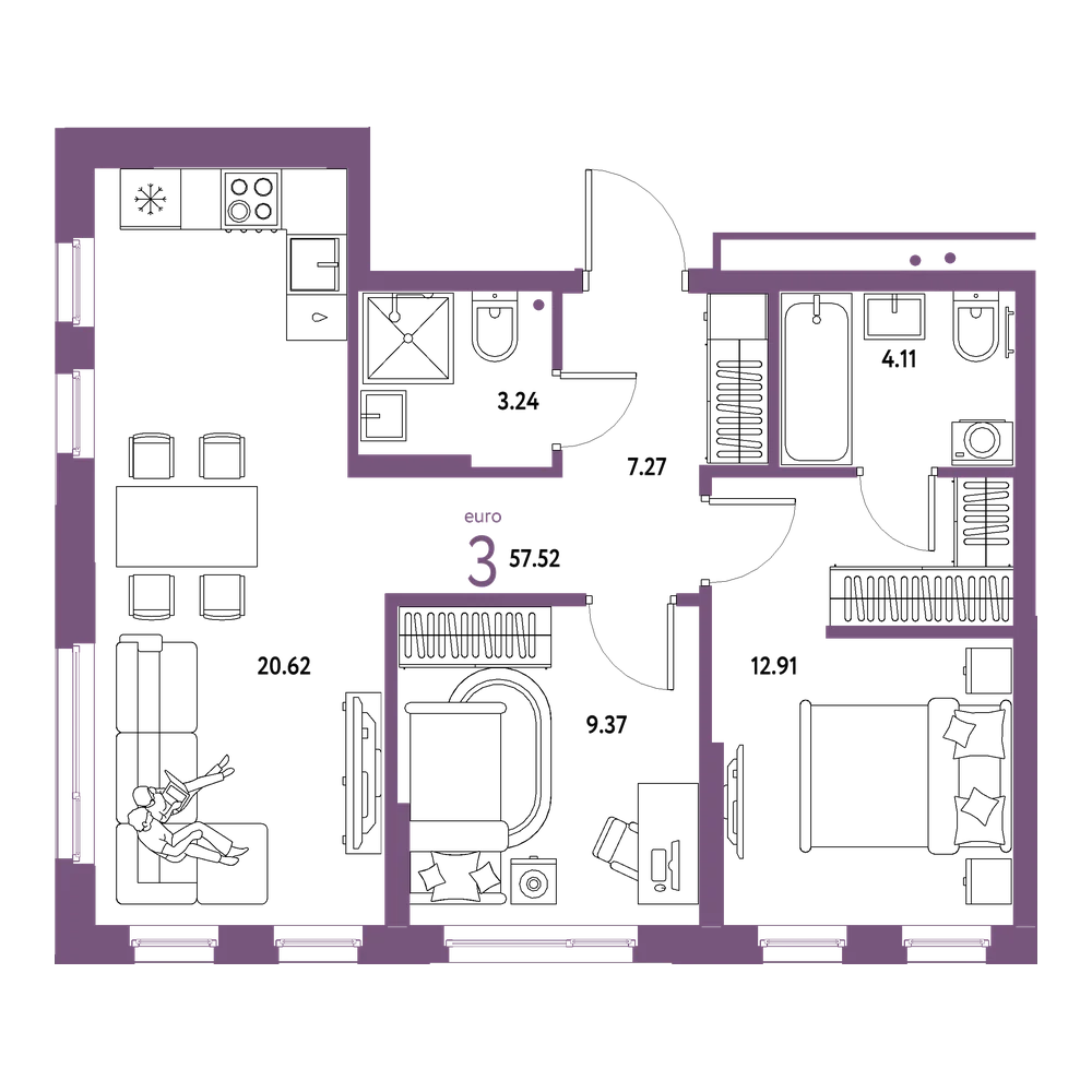 Планировка: Евротрёшка 57,52 м²