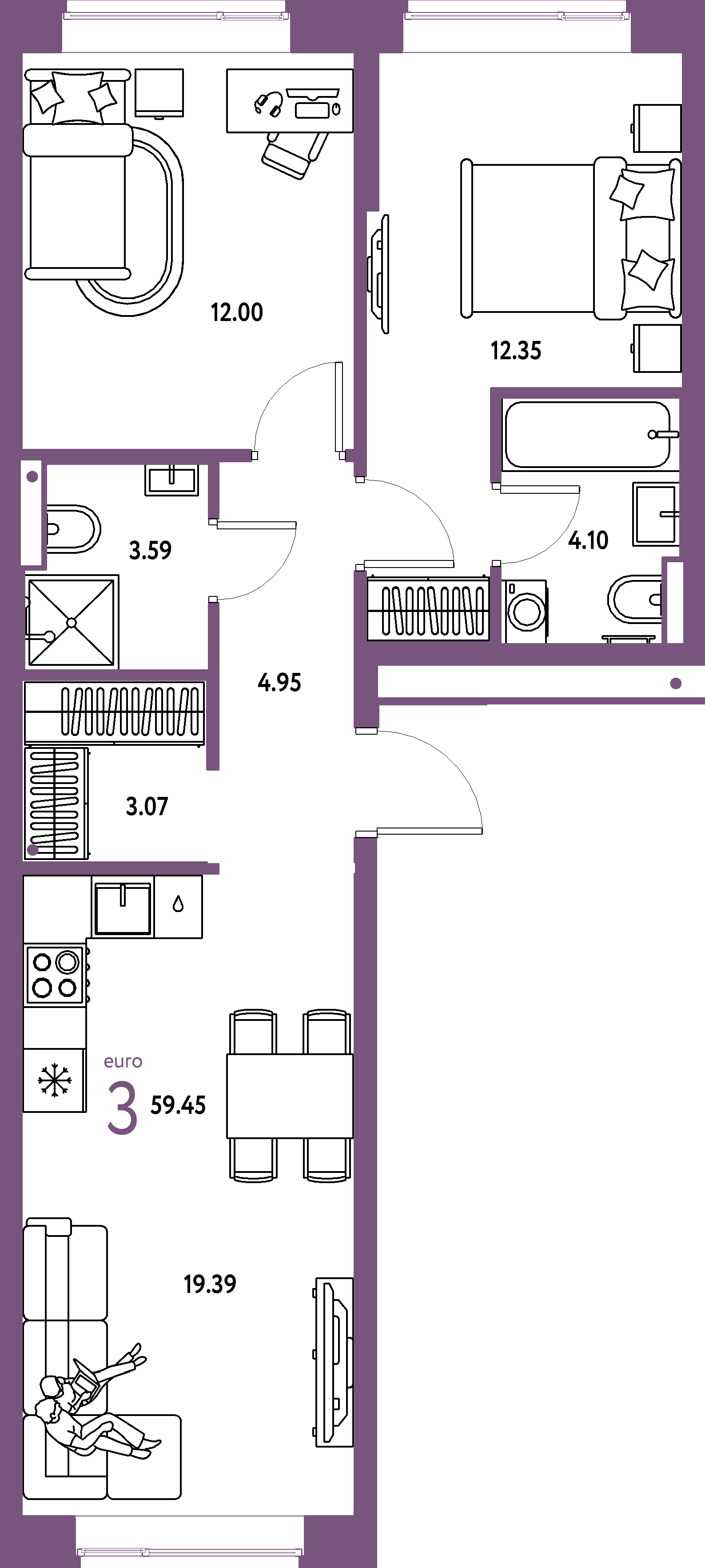 Планировка: Евротрёшка 59,45 м² в ЖК «Авторский»