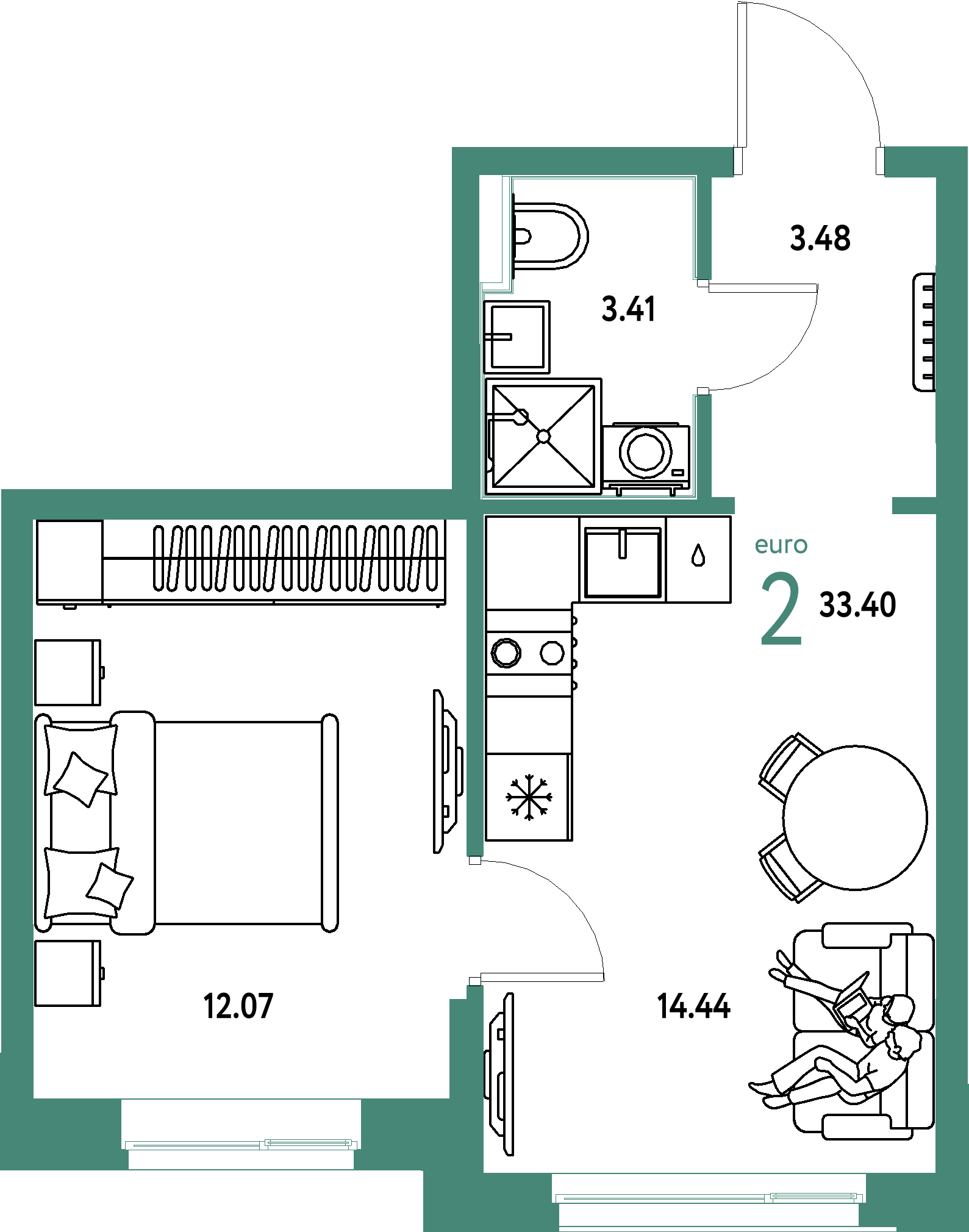 Планировка: Евродвушка 33,4 м² в ЖК «Домашний»