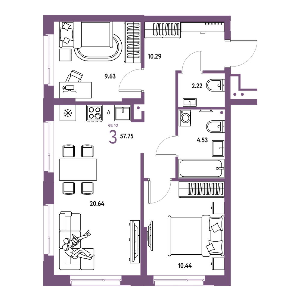 Планировка: Евротрёшка 57,75 м²