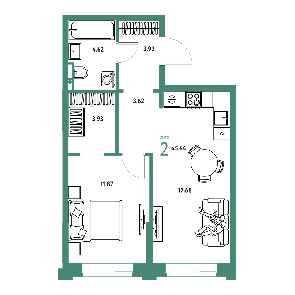 Планировка: Евродвушка 45,64 м²