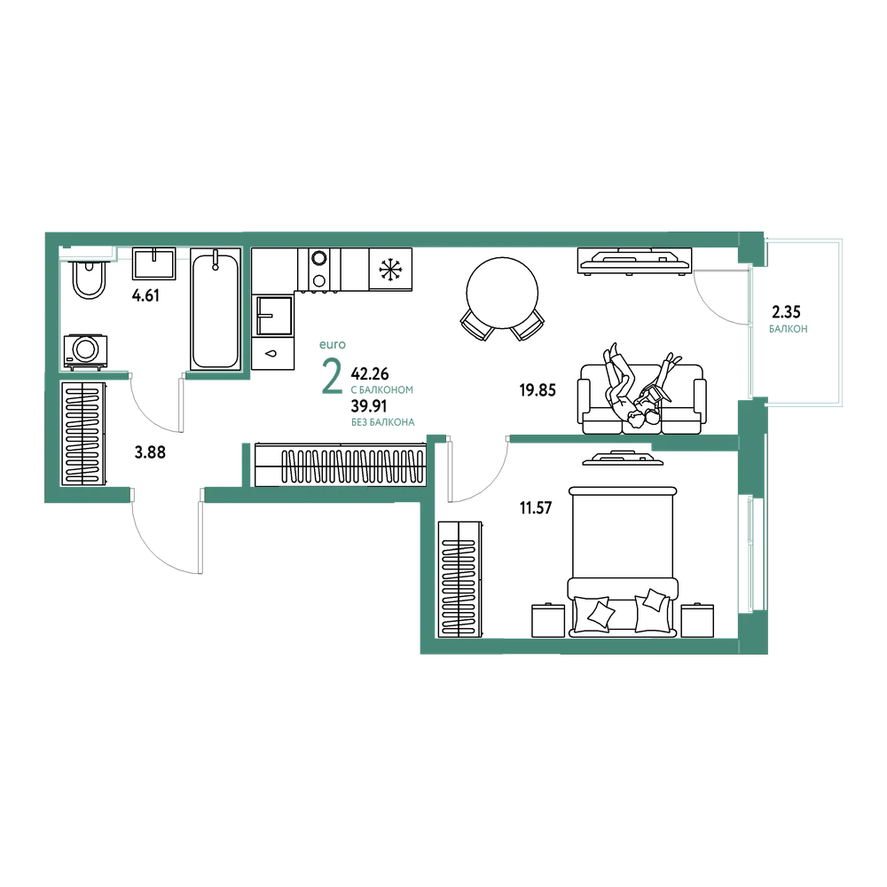 Планировка: Евродвушка 42,26 м²