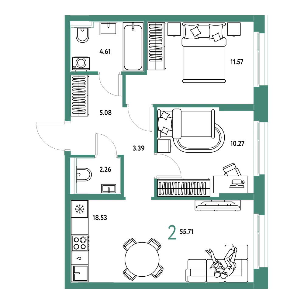 Планировка: 2-комнатная 55,71 м²