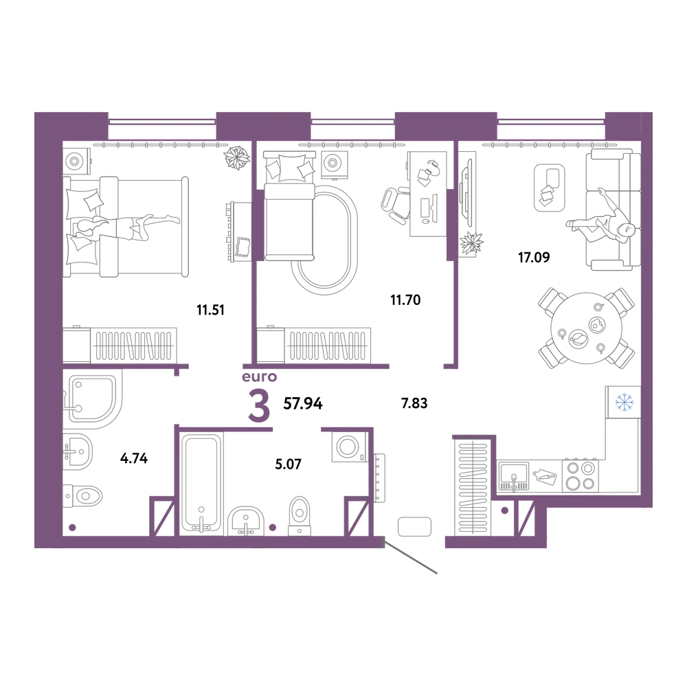 Планировка: Евротрёшка 57,94 м²