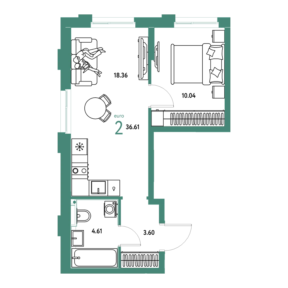 Планировка: Евродвушка 36,61 м²