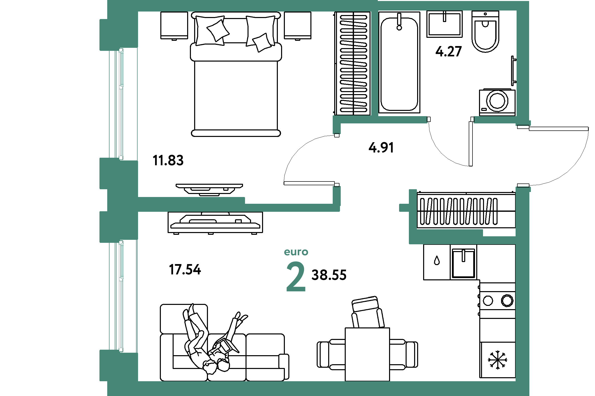 Планировка: Евродвушка 38,55 м² в ЖК «Европейский берег 2.0»