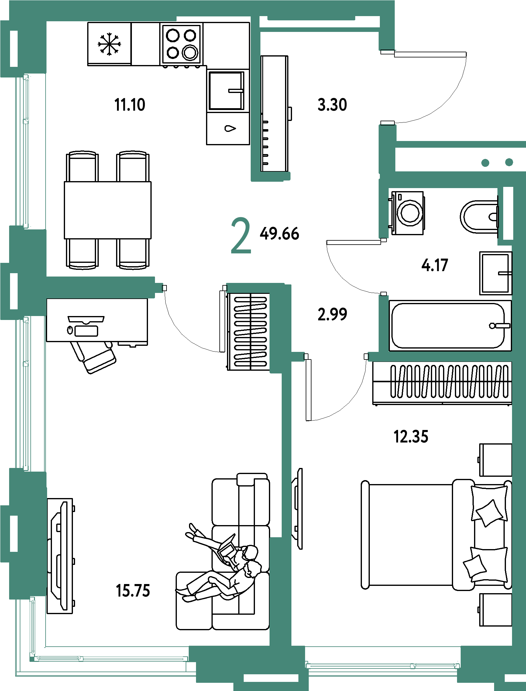 Планировка: 2-комнатная 49,66 м² в ЖК «Страна.Прибрежная»