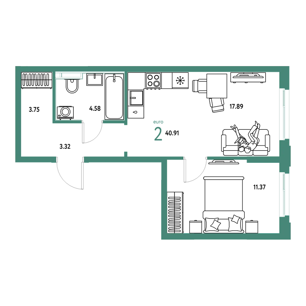 Планировка: Евродвушка 40,91 м²