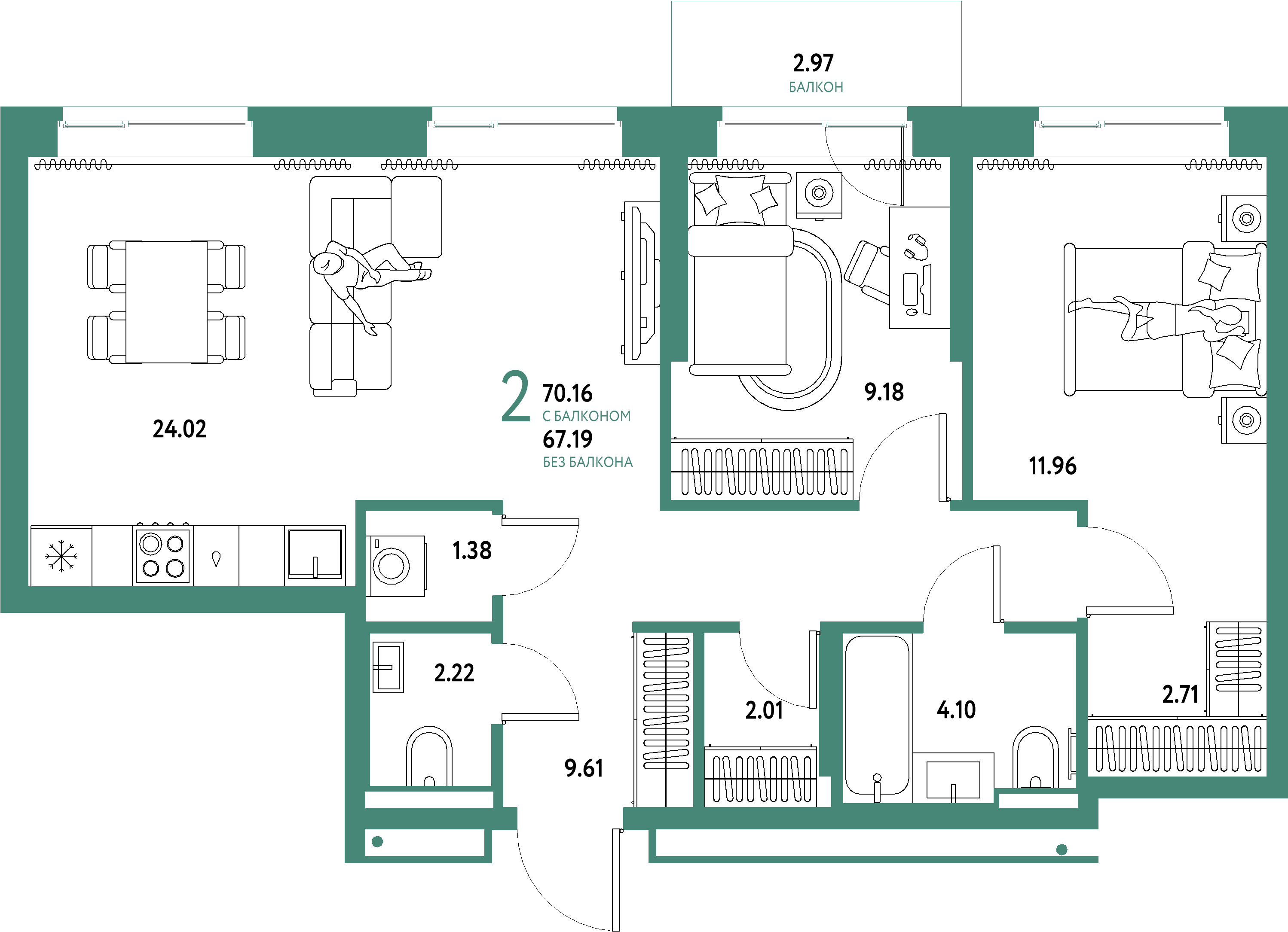 Планировка: Евротрёшка 70,16 м² в ЖК «Домашний»