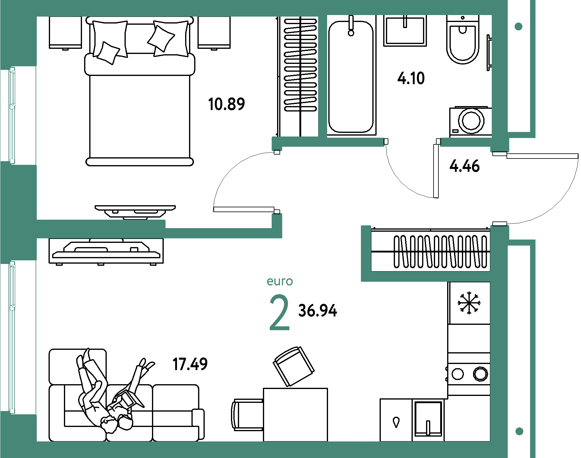 Планировка: Евродвушка 36,94 м² в ЖК «Домашний»
