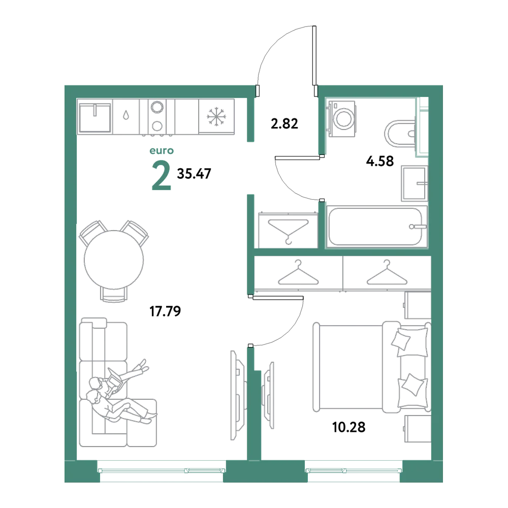 Планировка: Евродвушка 35,47 м²