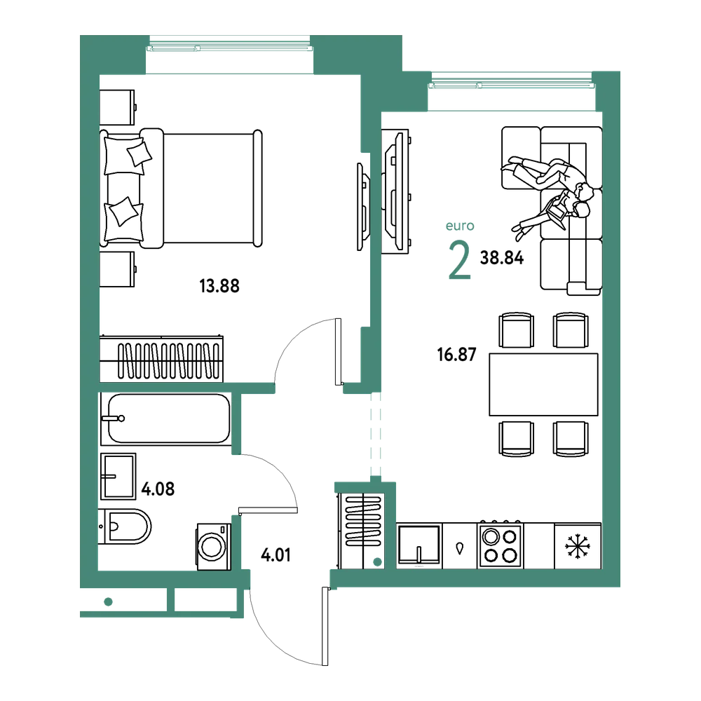 Планировка: Евродвушка 38,84 м²