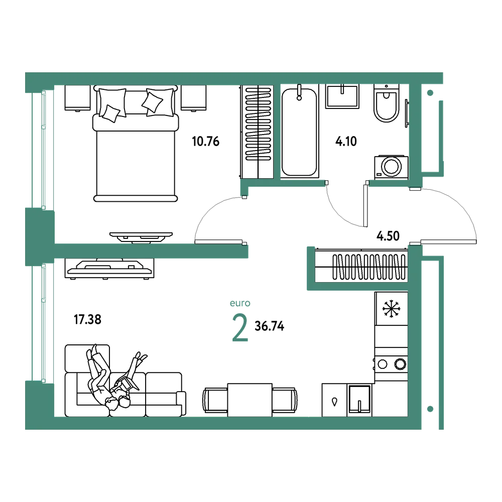 Планировка: Евродвушка 36,74 м²