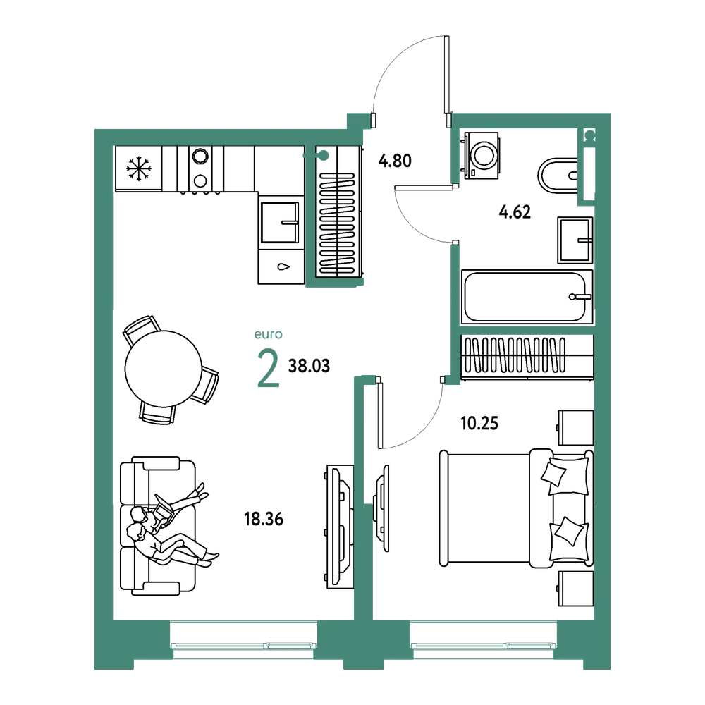 Планировка: Евродвушка 38,03 м²