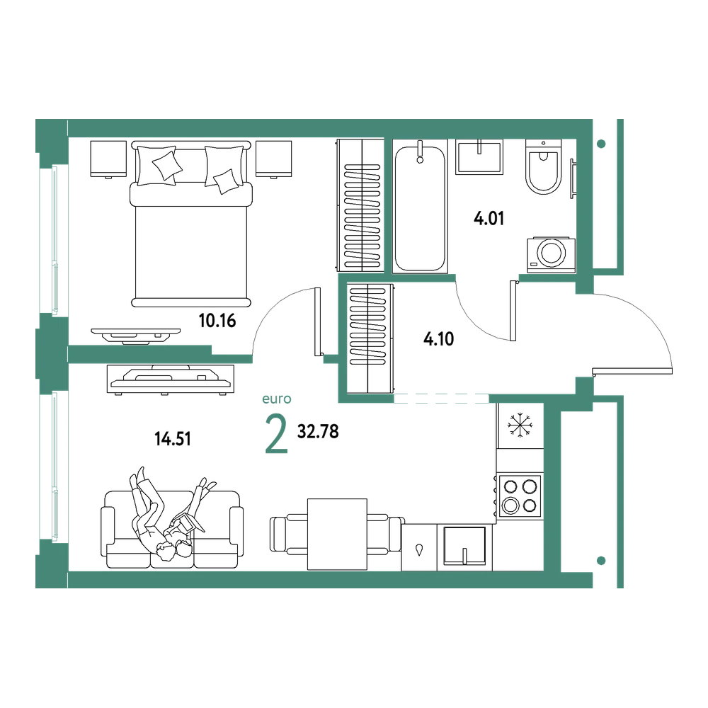 Планировка: Евродвушка 32,78 м²