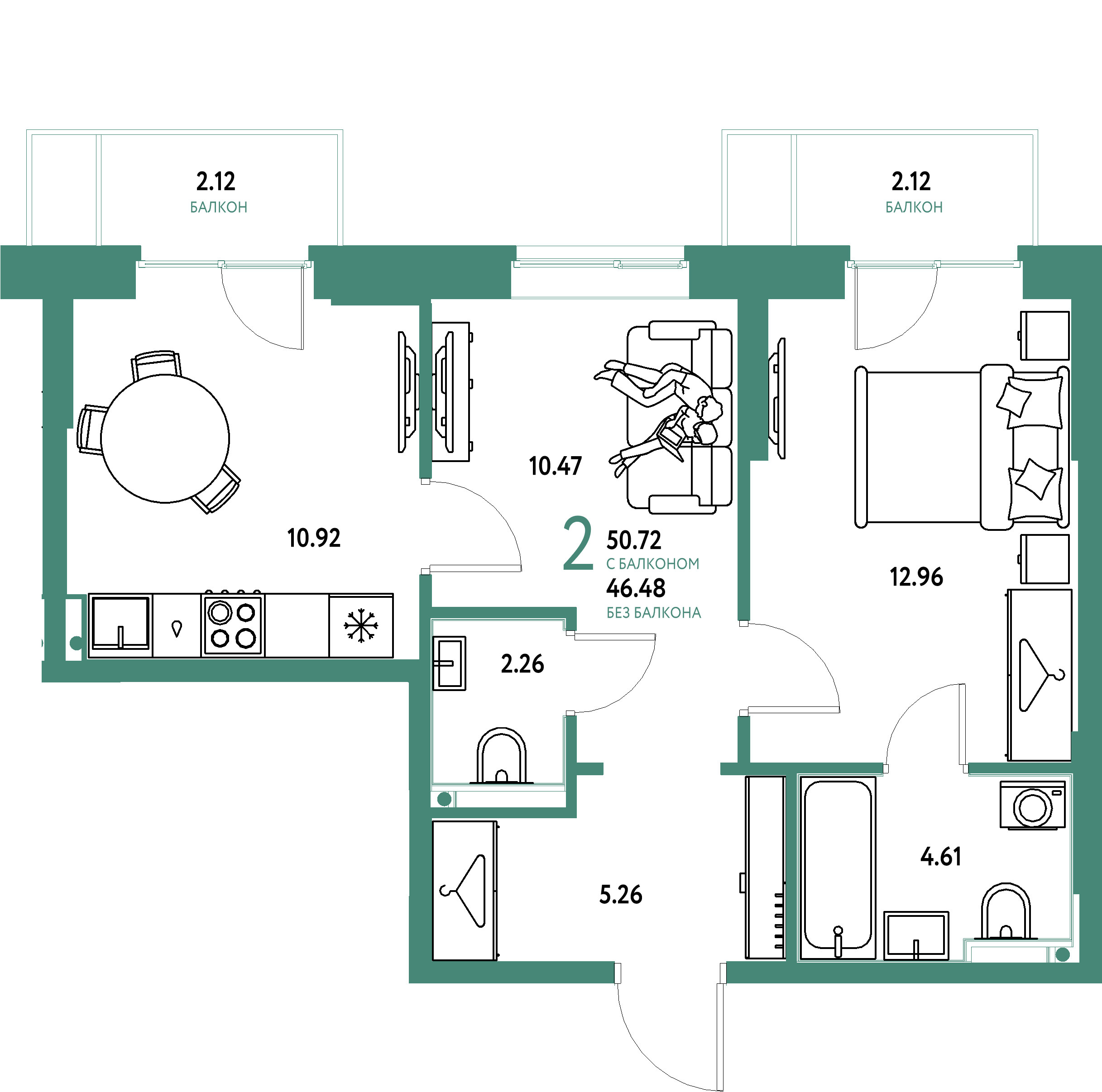 Планировка: 2-комнатная 50,72 м² в ЖК «Европейский берег 2.0»