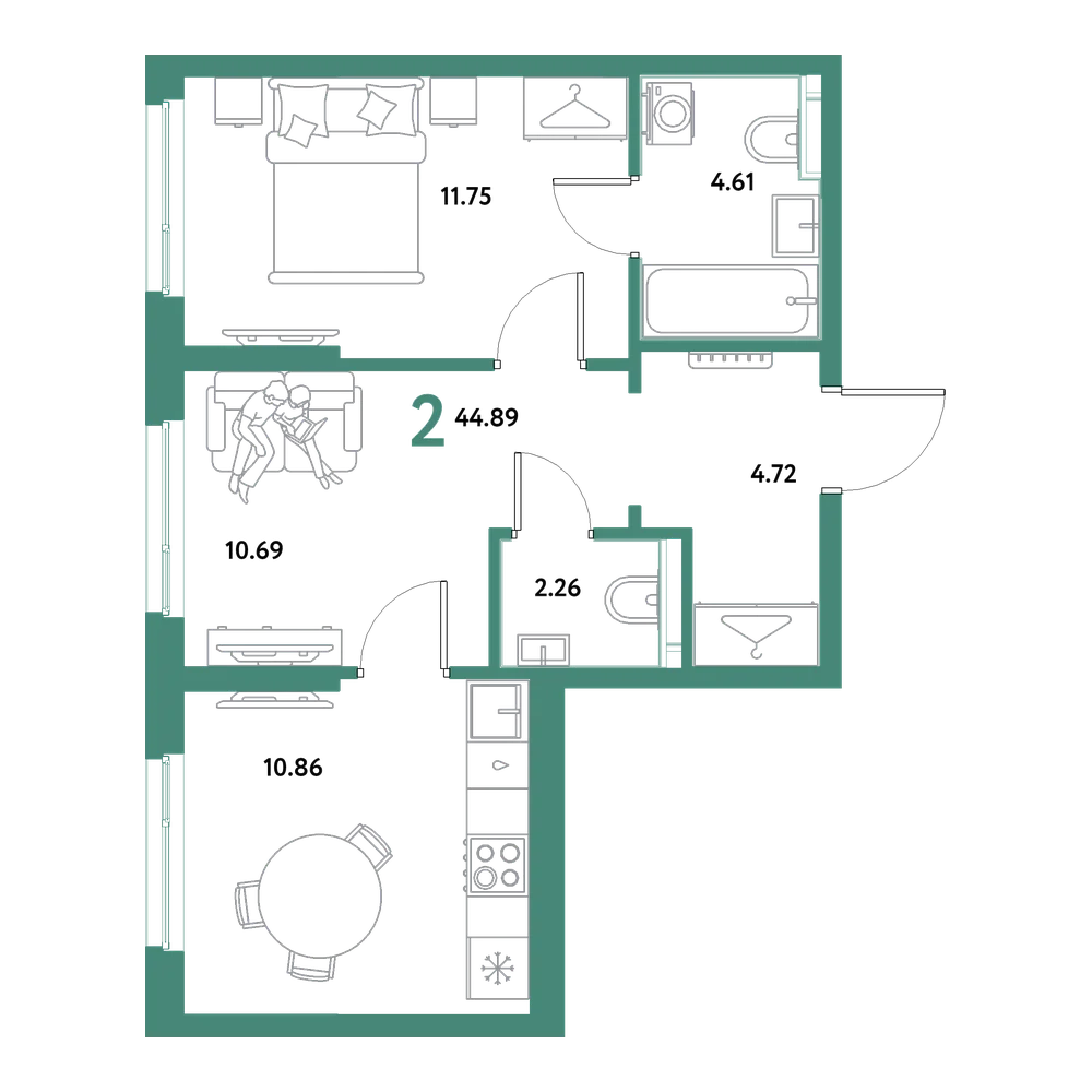 Планировка: 2-комнатная 44,89 м²