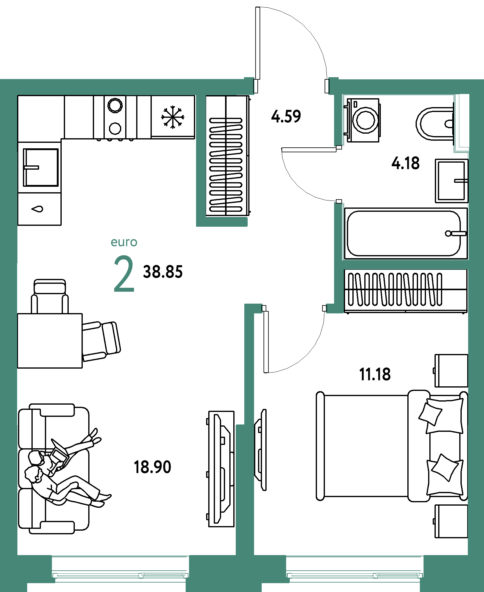 Планировка: Евродвушка 38,83 м² в ЖК «Остров-сад»