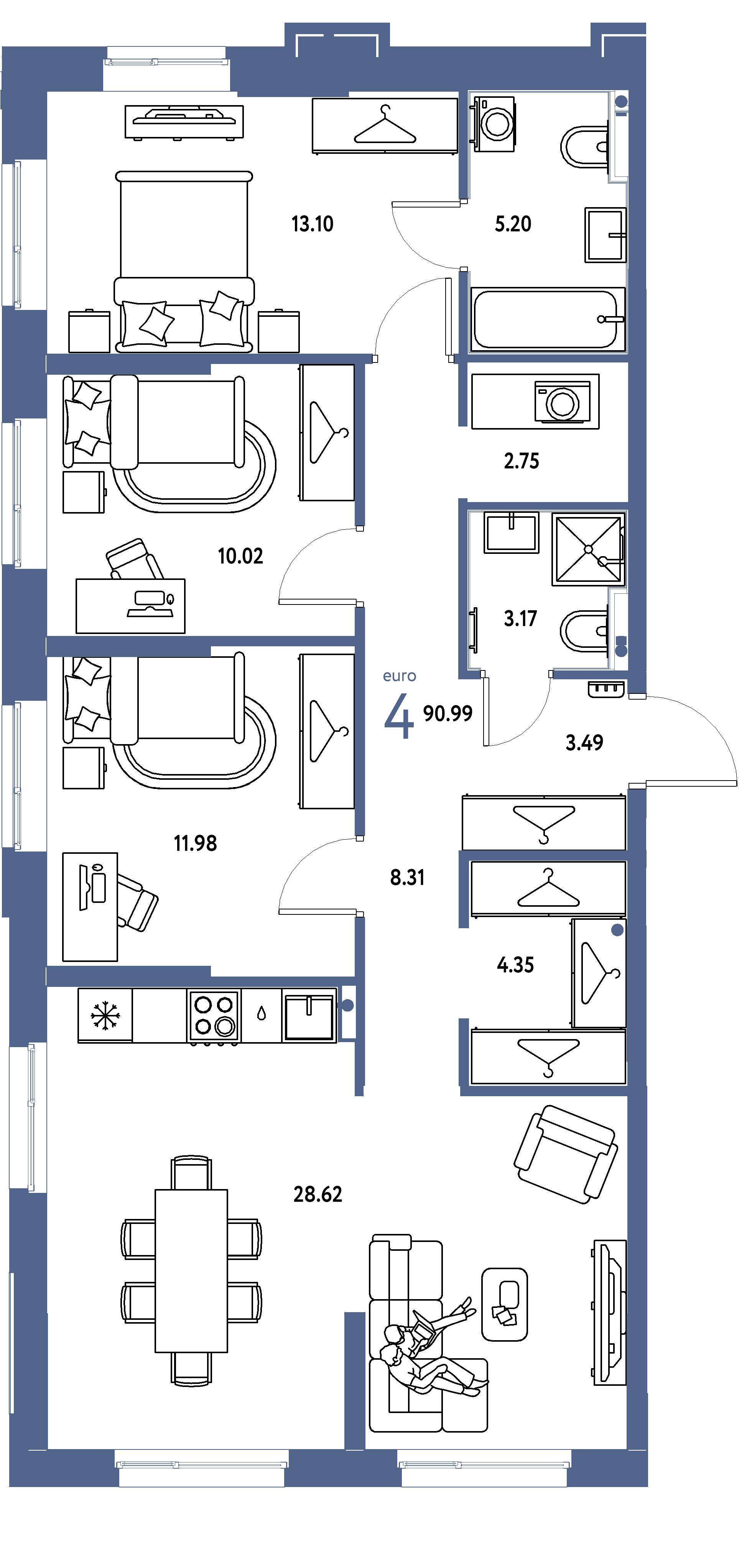 Планировка: Евро-4 90,99 м² в ЖК «Европейский берег 2.0»