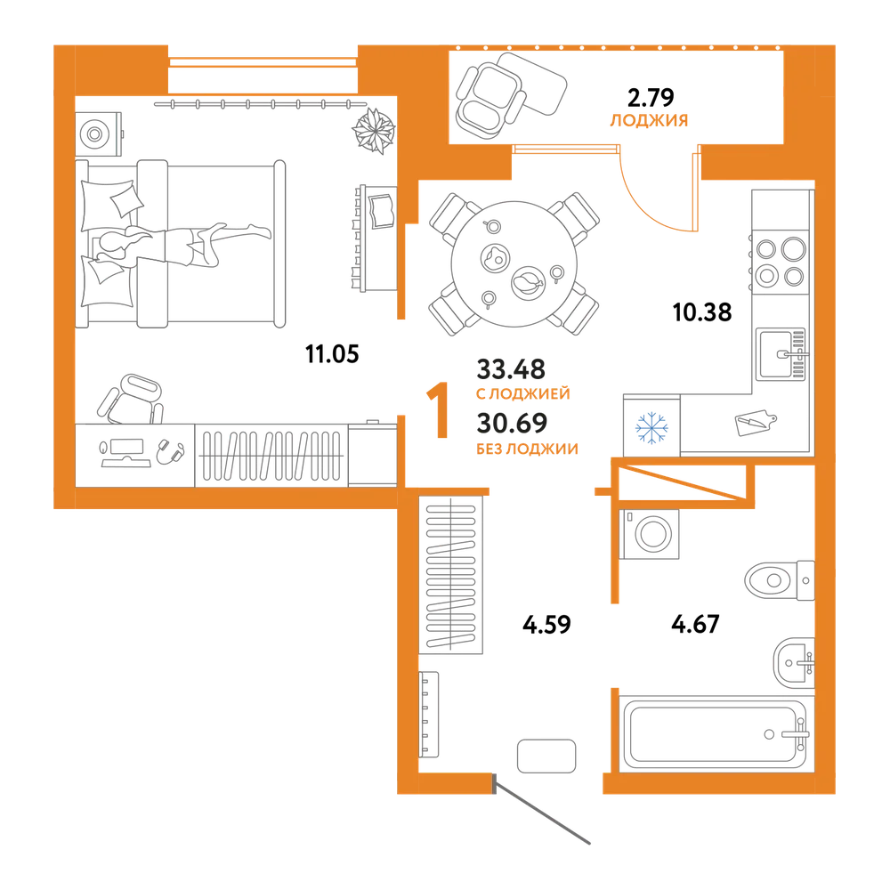 Планировка: 1-комнатная 33,48 м²