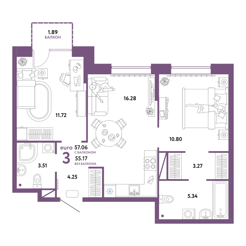 Планировка: Евротрёшка 57,06 м²