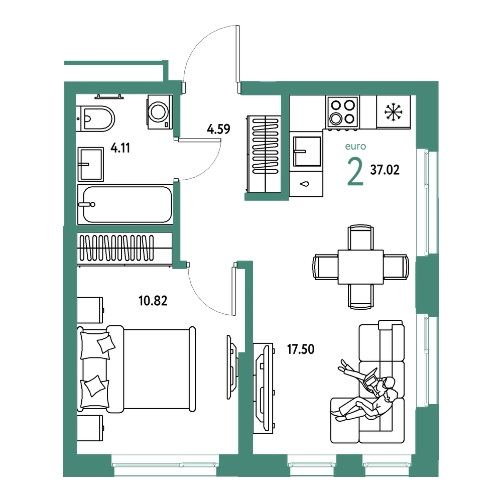 Планировка: Евродвушка 37,02 м²