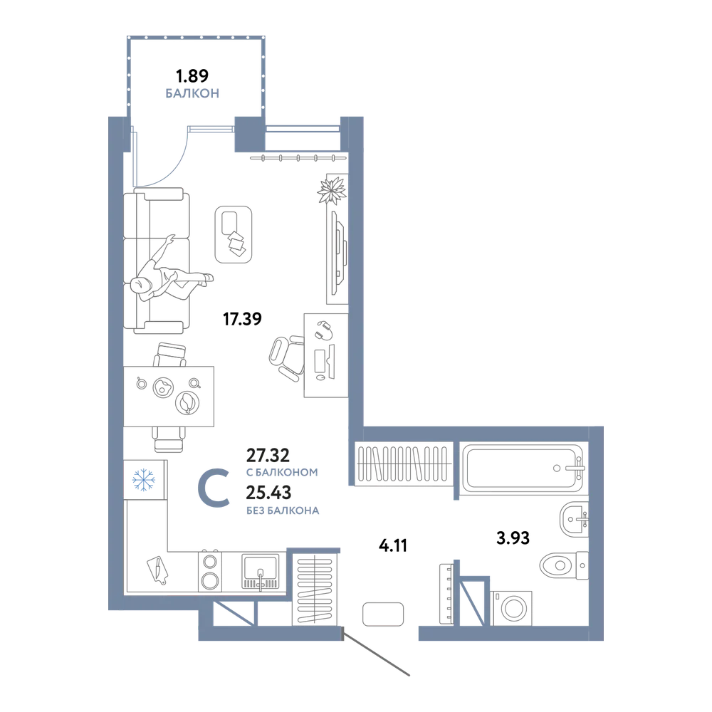 Планировка: Студия 27,32 м²