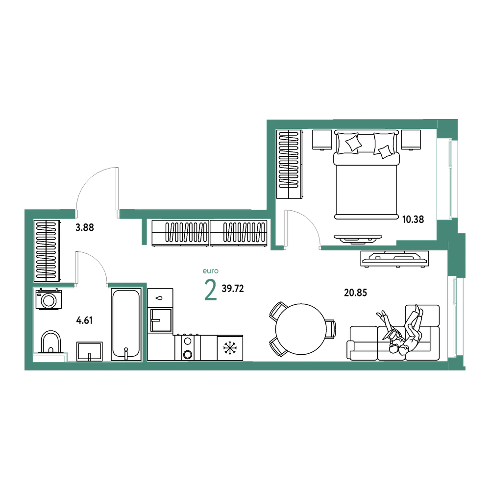 Планировка: Евродвушка 39,72 м²
