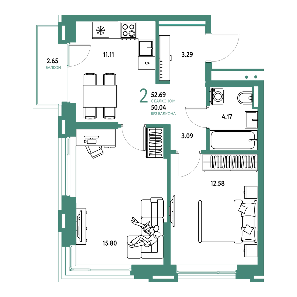 Планировка: 2-комнатная 52,69 м²