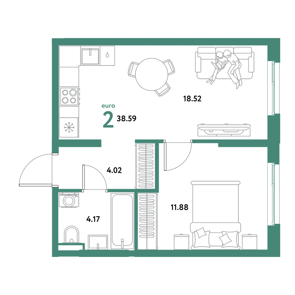Планировка: Евродвушка 38,59 м²