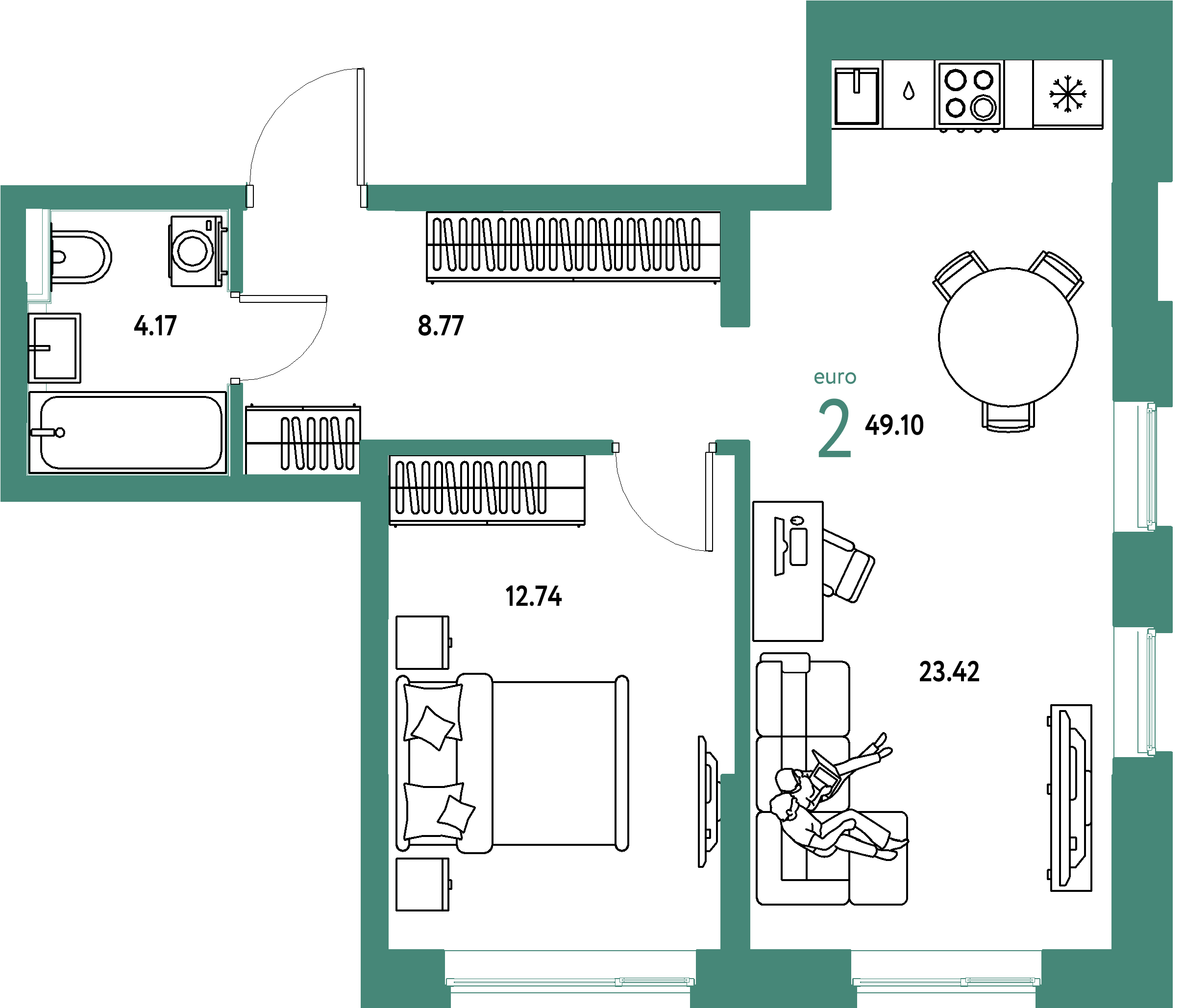 Планировка: Евродвушка 49,1 м² в ЖК «Остров-сад»