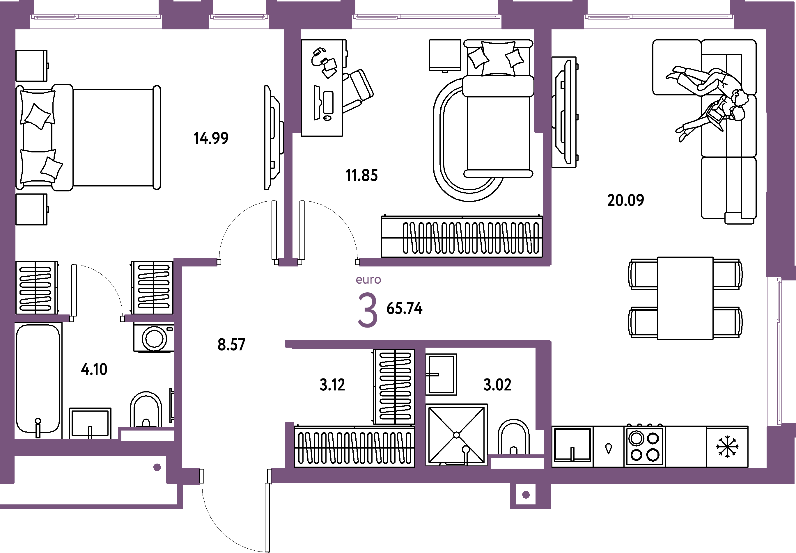 Планировка: Евротрёшка 65,74 м² в ЖК «Авторский»
