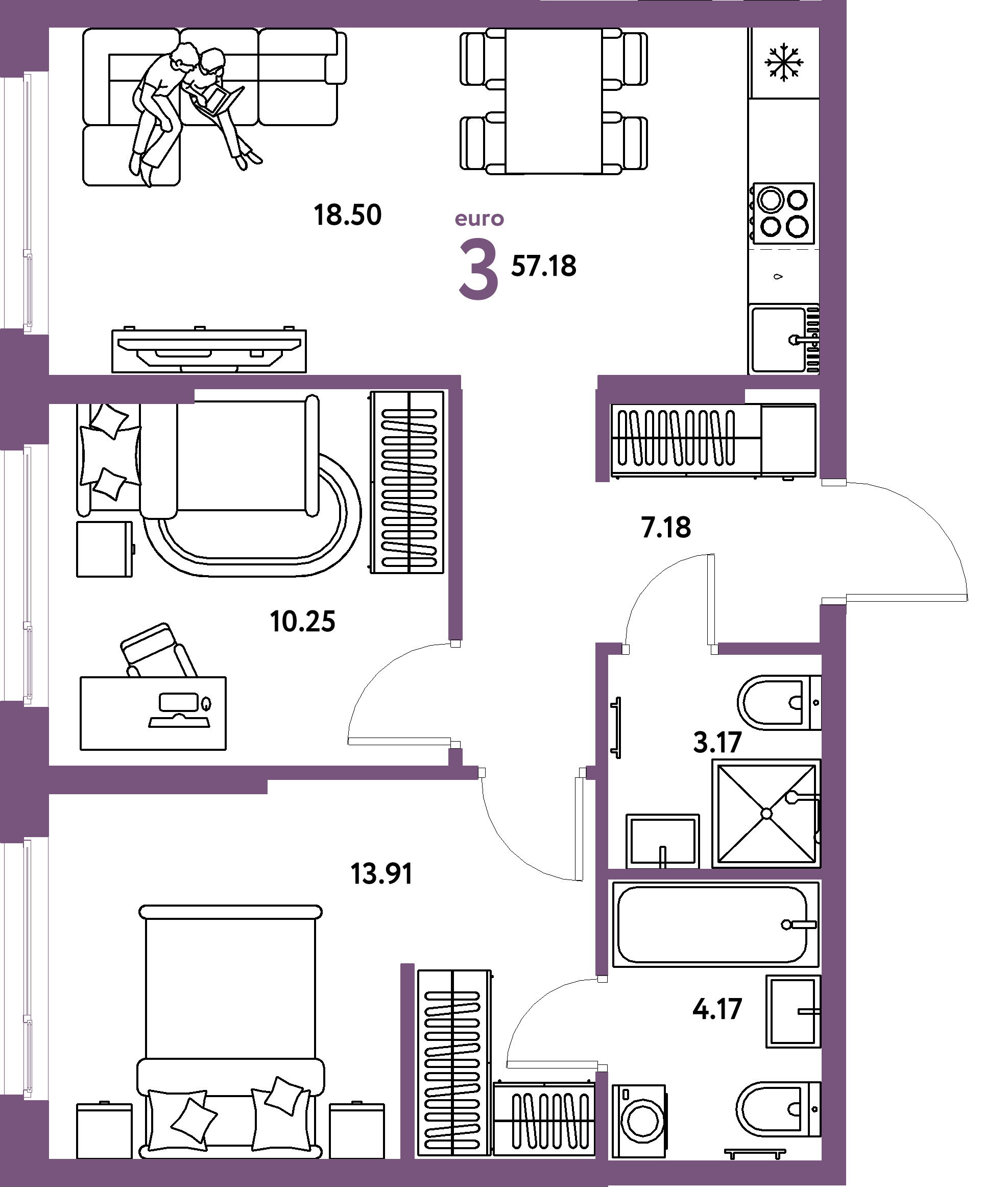 Планировка: Евротрёшка 57,18 м² в ЖК «Европейский берег 2.0»